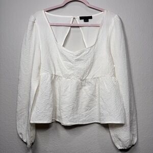Sanctuary Peplum Top Square Neck Long Sleeve‎ Blouse White Ivory Large Textured